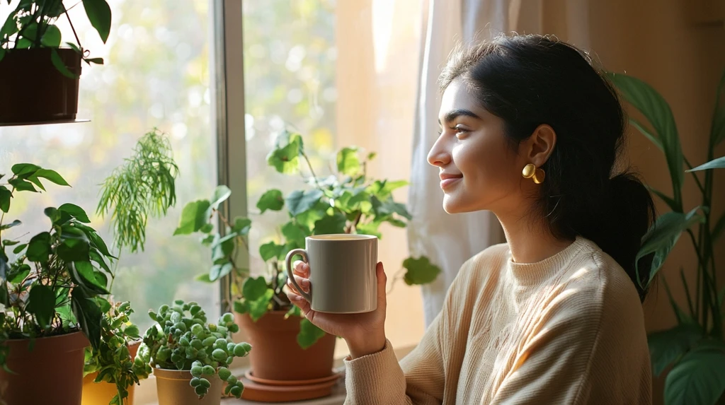 A woman laughing in warm morning light