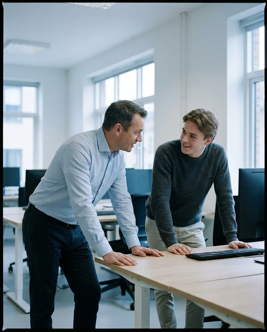 A people leader in conversation with a colleague